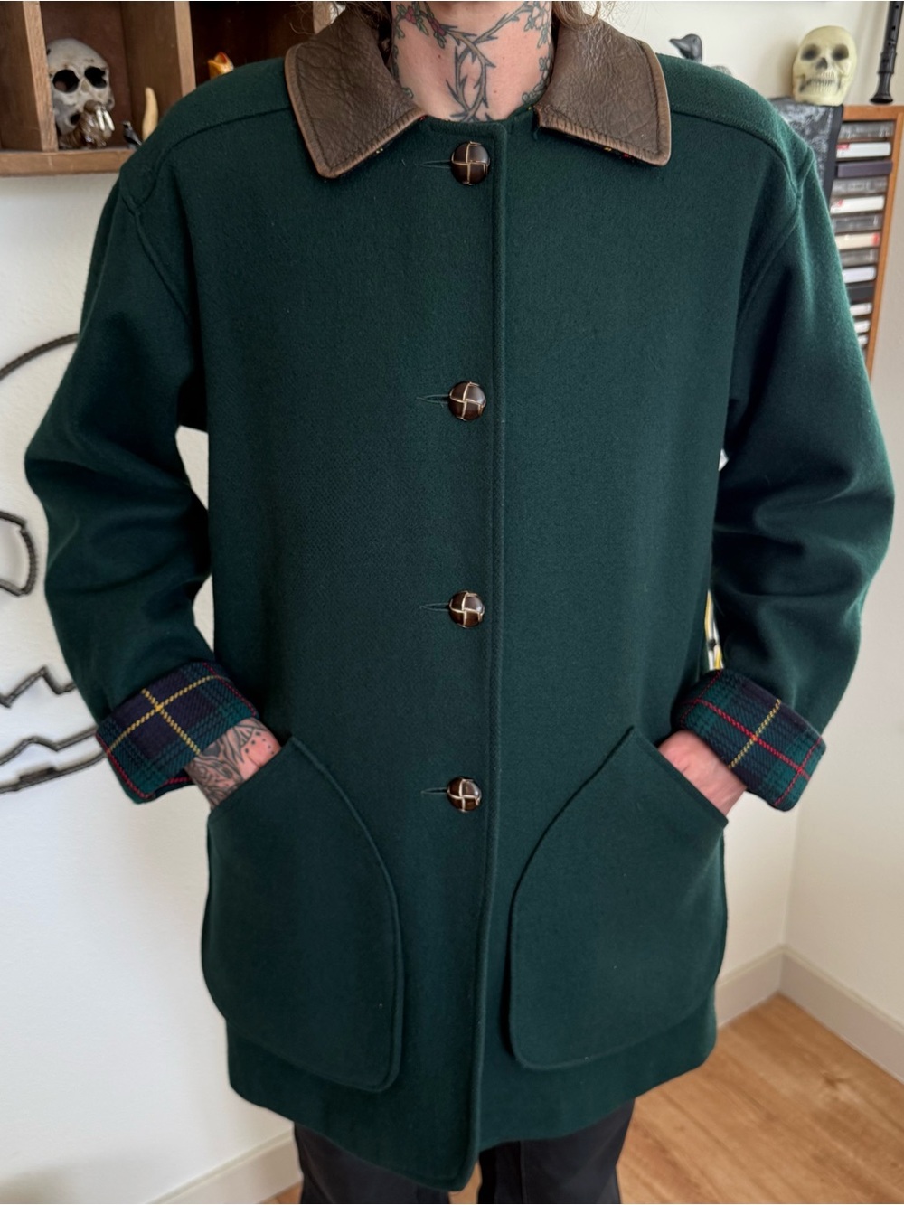Vintage 80s Forest Green Wool Barn Coat Plaid Leather Herman Kay ~ Size M / 10